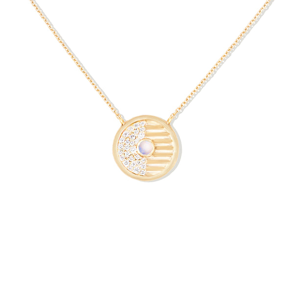 Found Small Disk Pendant Necklace - White Diamond & Moonstone