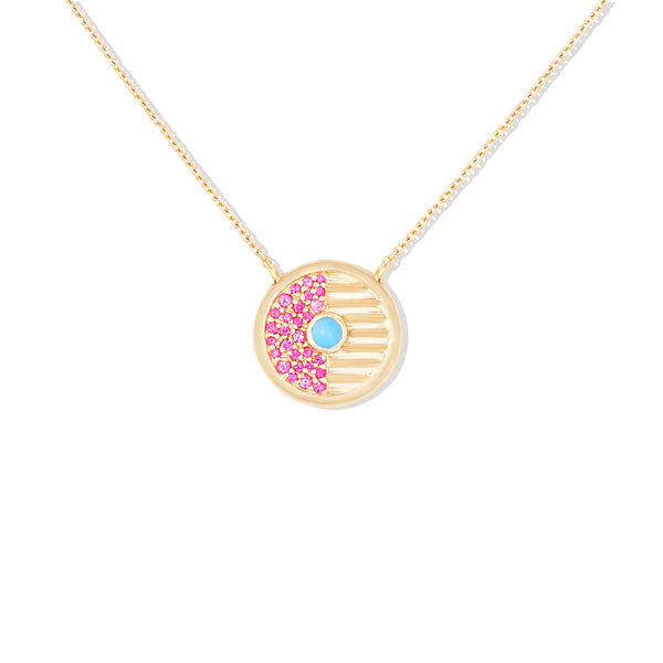 Found Small Disk Pendant Necklace - Pink Sapphire & Turquoise