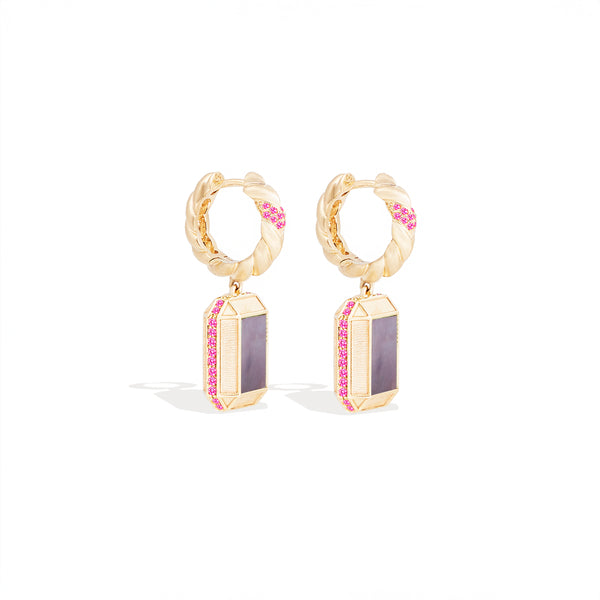 Spark Emerald Cut Drop Huggie - Black Mother of Pearl & Pink Sapphire